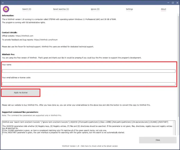 WinFindr Screenshot - How to activate WinFindr Pro