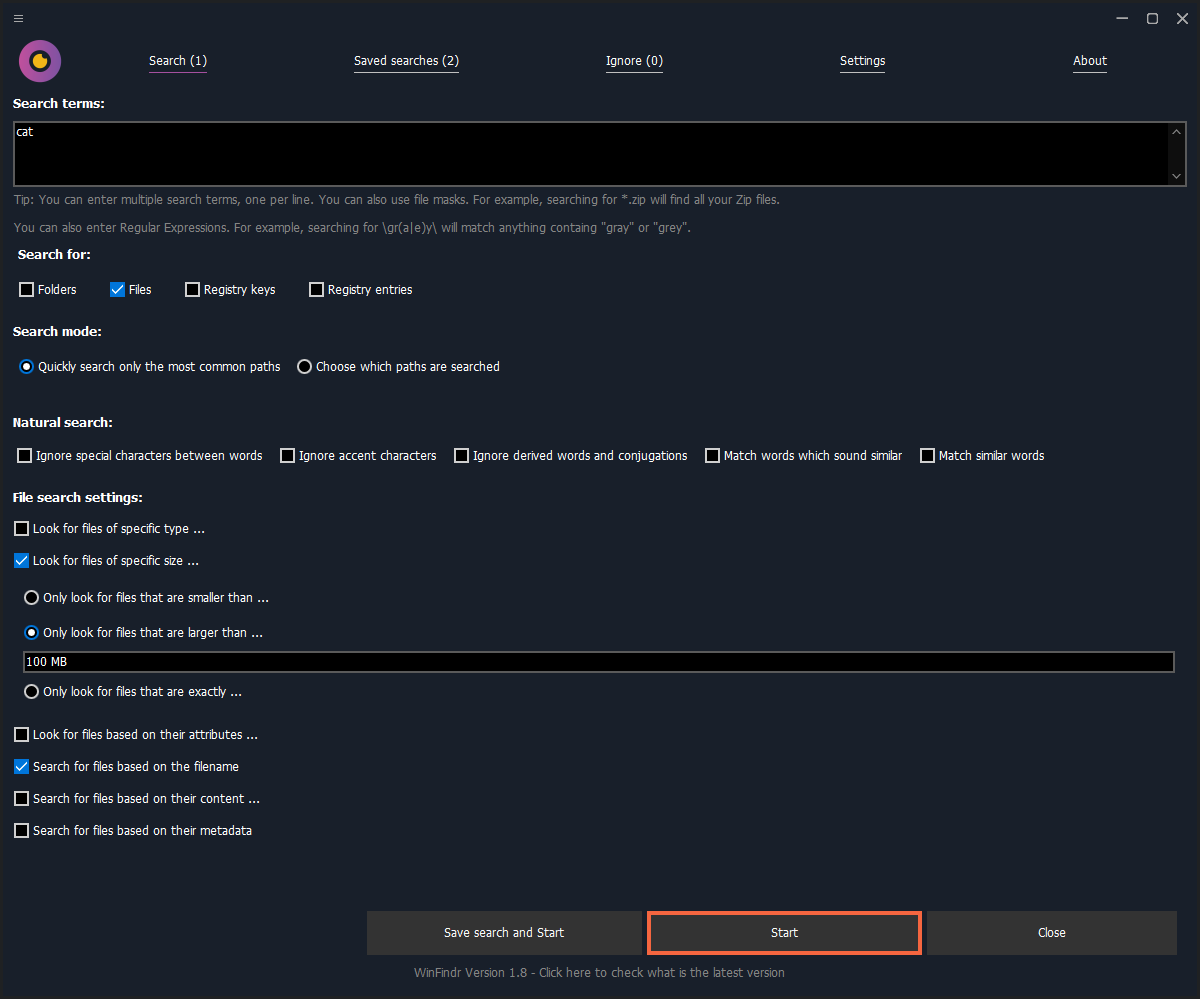 WinFindr Screenshot - Find large files in Windows