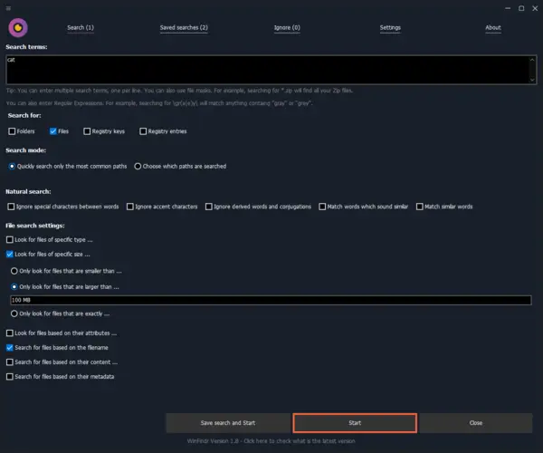 WinFindr Screenshot - Find large files in Windows