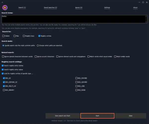 WinFindr Screenshot - Find registry entries by type in Windows