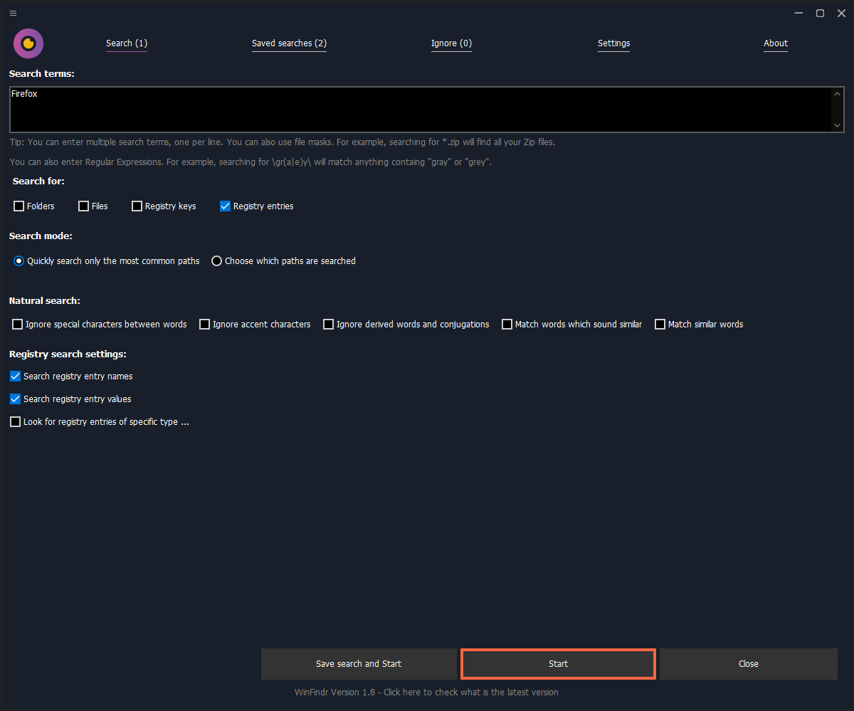 WinFindr Screenshot - Find registry entries in Windows