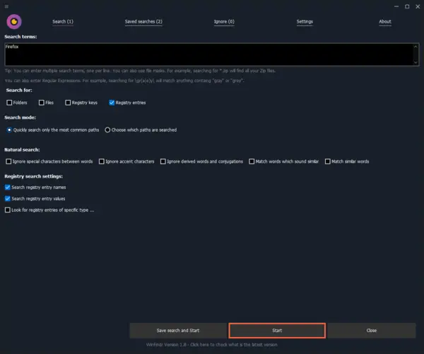 WinFindr Screenshot - Find registry entries in Windows