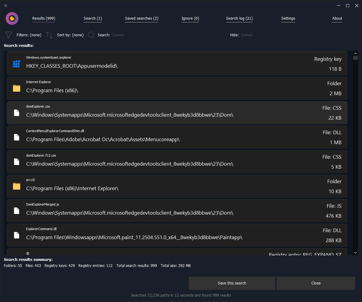 WinFindr search results with file details and filtering options