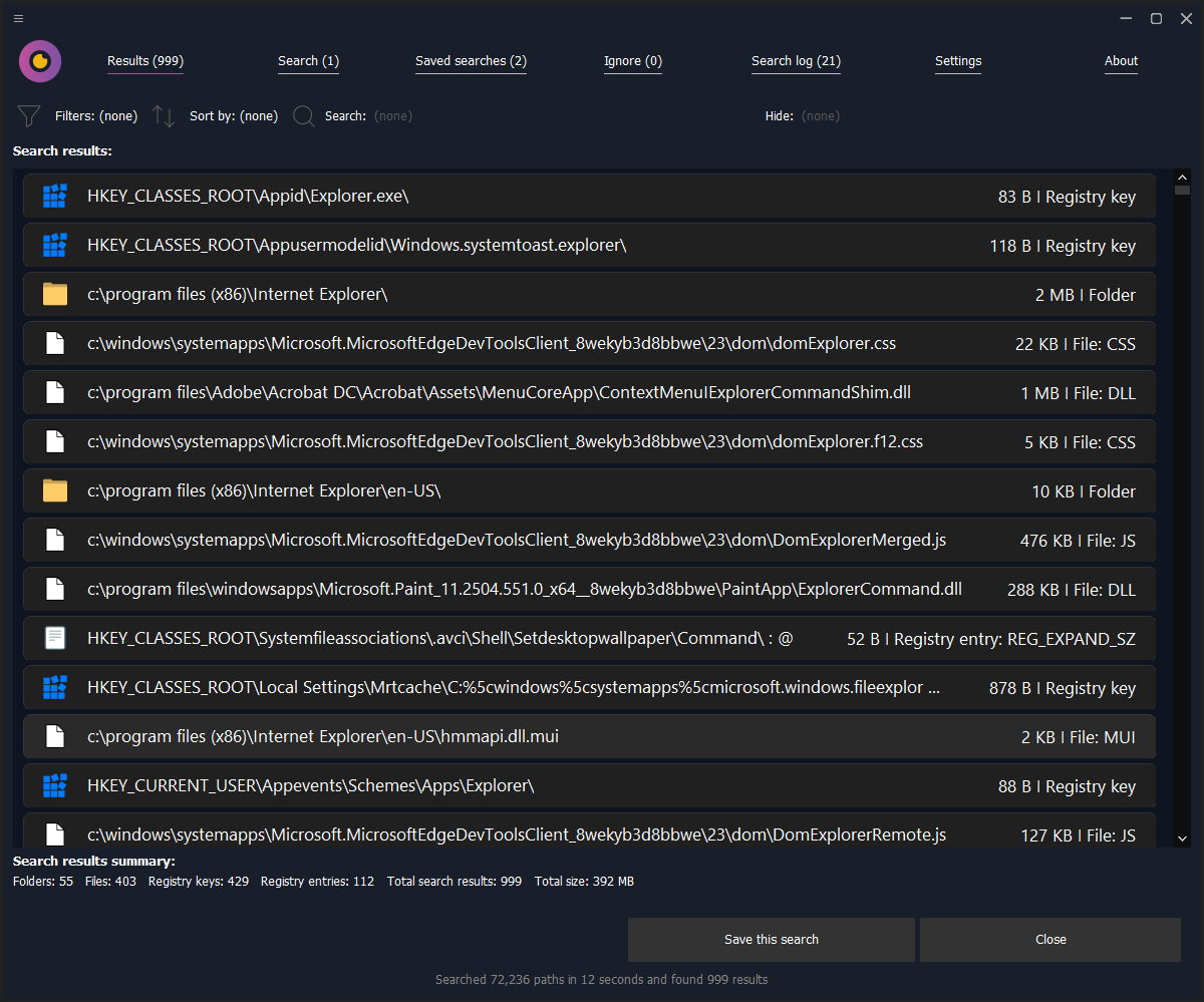 WinFindr search results in a compact view