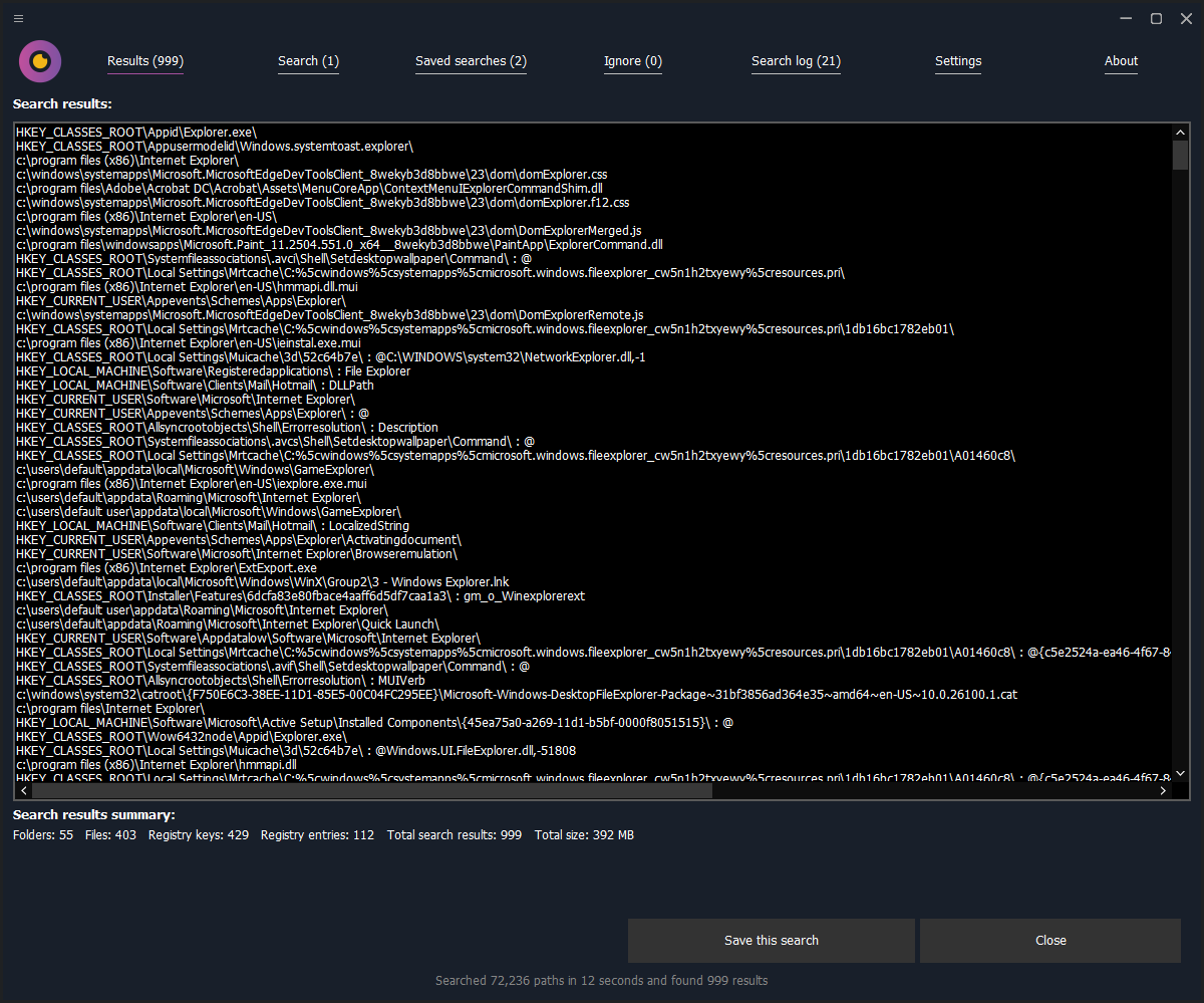 WinFindr search results as a text-only listing