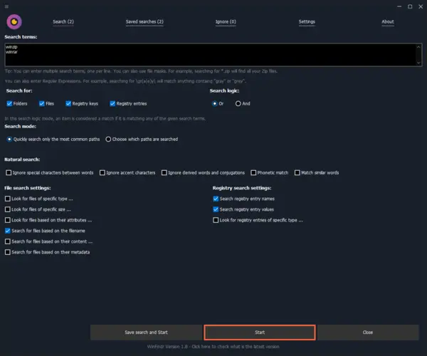 WinFindr Screenshot - Main Screen