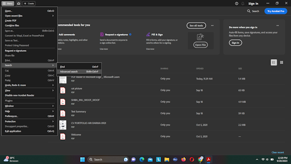 Advanced PDF search menu Adobe Acrobat