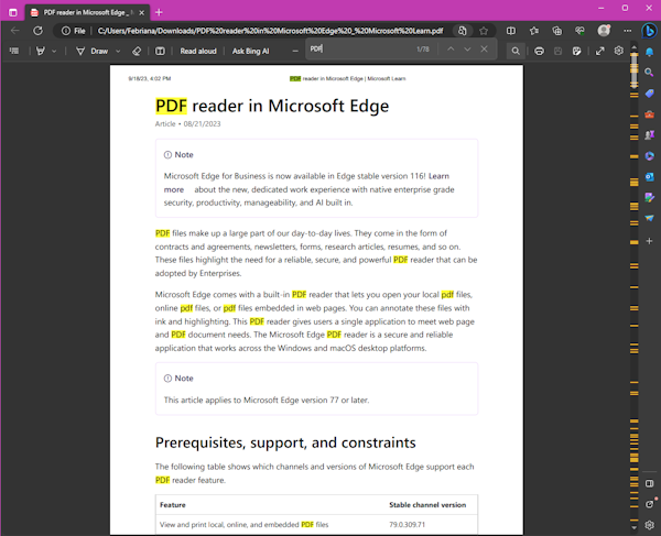 Search texts in PDF in Microsoft Edge