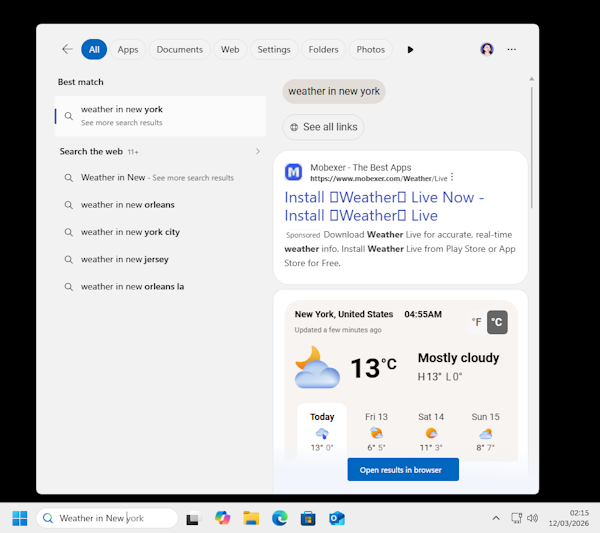 Search about the weather using Windows search shortcut
